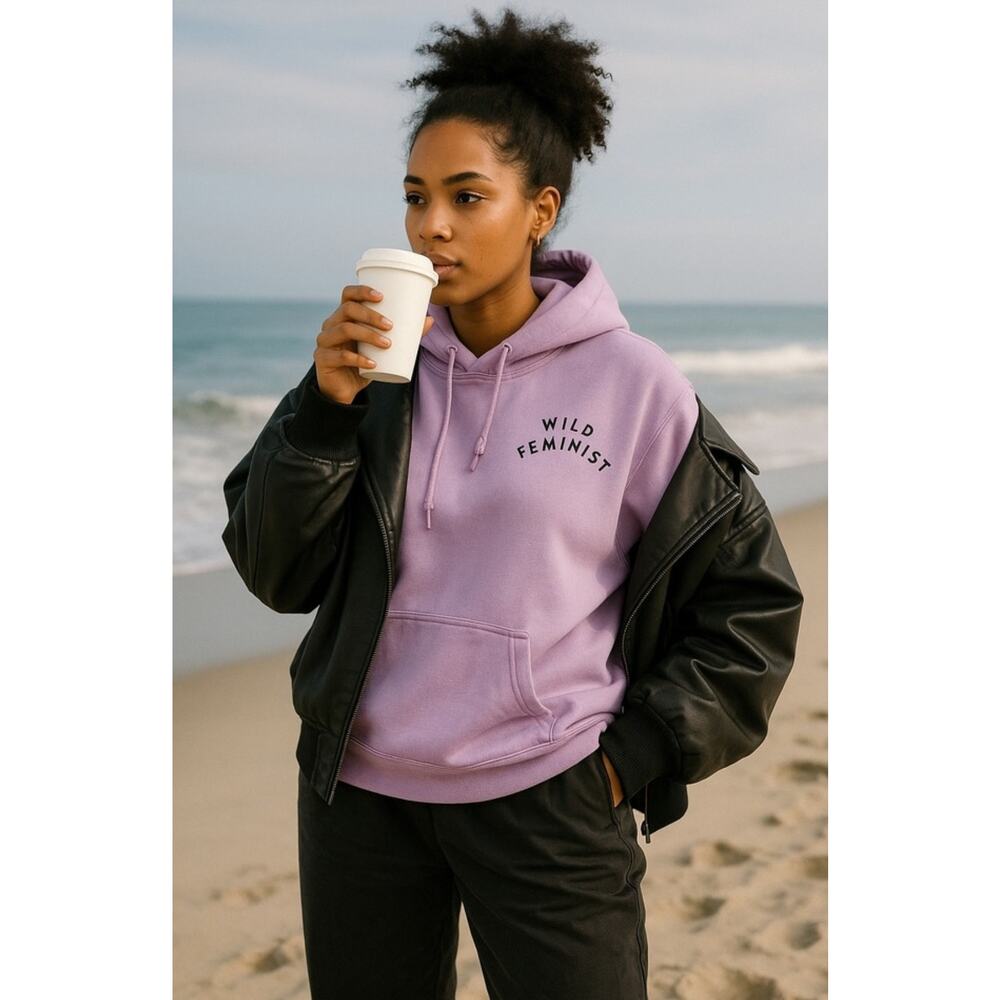 Wildfang Lilac Hoodie with Black "Wild Feminist" Script